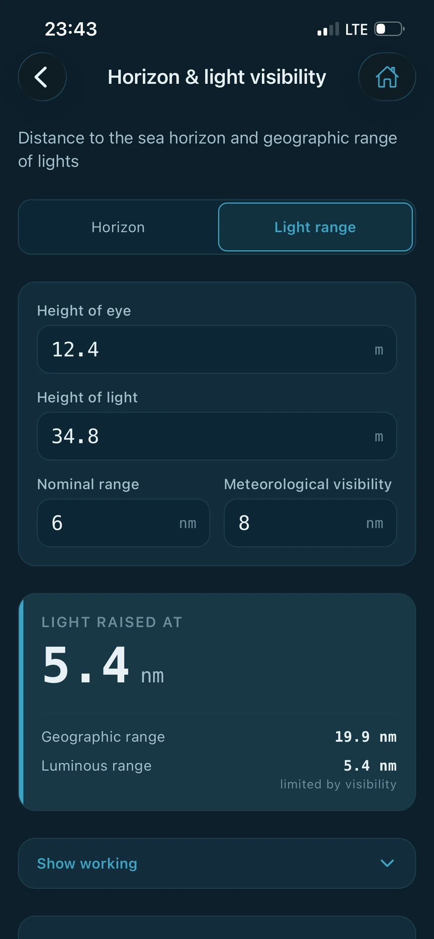 The Horizon and light visibility calculator on an iPhone, with height of eye, height of light, nominal range and meteorological visibility entered, and the light raised at 5.4 nautical miles.